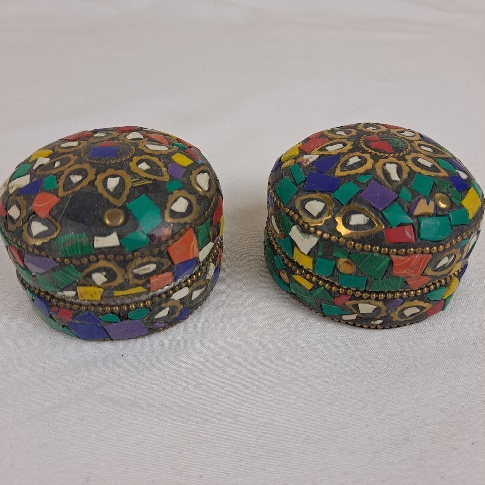 Set of 2  Round Trinket Boxes Multicolor Stone Covered Removable Lids Handmade